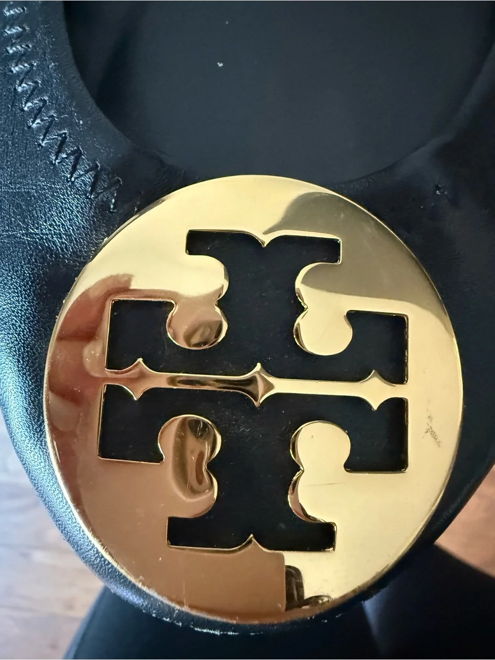 Tory Burch Black Leather Ballet Flats with Gold Logo Medallion